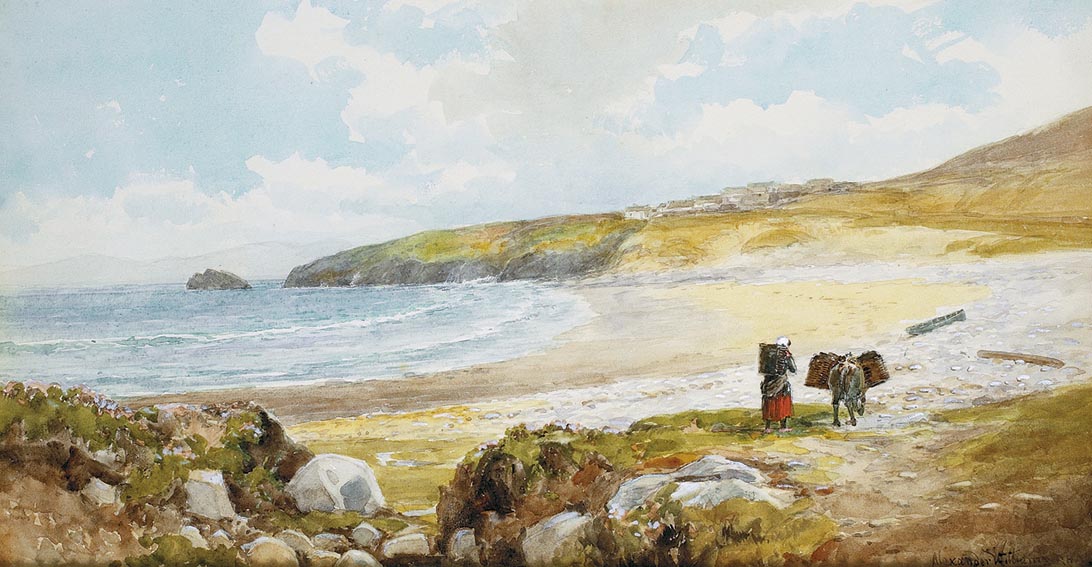 WOMAN AND DONKEY WITH CREELS, DUGORT BAY, ACHILL ISLAND by Alexander Williams sold for 2,800 at Whyte's Auctions