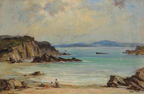 ROCKY COASTLINE WITH FIGURES ON THE STRAND by Padraic Woods sold for 1,000 at Whyte's Auctions
