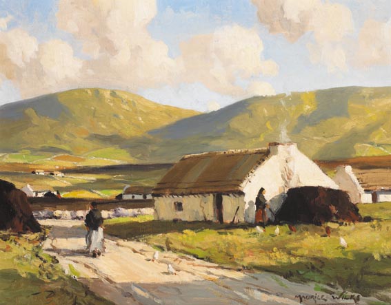 WOMEN AND HENS OUTSIDE THATCHED COTTAGES, MOUNTAINS BEYOND by Maurice Canning Wilks sold for 9,000 at Whyte's Auctions
