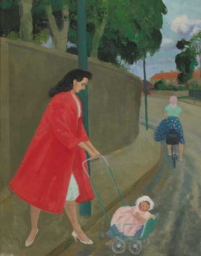 WOMAN WITH CHILD IN PRAM CROSSING A STREET, circa 1960s by Patrick Leonard HRHA (1918-2005) at Whyte's Auctions
