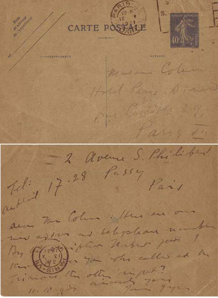 Autograph manuscript postcard to Mary Colum, writer and wife of Padraic Colum, 13 October 1931. by James Joyce sold for 2,700 at Whyte's Auctions