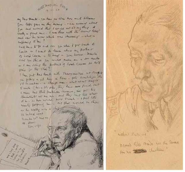 "WITHOUT PREJUDICE" - PENCIL SKETCH OF MAJOR RALPH WALTER MAUDE and ILLUSTRATED LETTER TO MAJOR MAUD, 1920 (A PAIR) by Sir William Orpen KBE RA RI RHA (1878-1931) at Whyte's Auctions