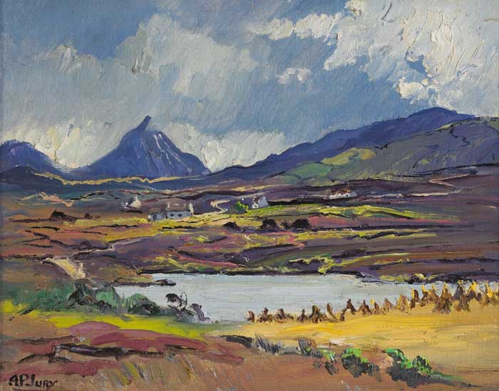 LITTLE ERRIGAL IN DISTANCE, HARVEST TIME, COUNTY DONEGAL by Anne Primrose Jury sold for 1,200 at Whyte's Auctions