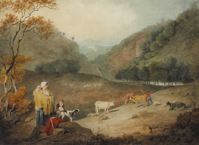 PASTORAL SCENE WITH FIGURES RESTING IN A VALLEY AND A MAN HERDING CATTLE BEYOND by Francis Wheatley sold for 2,150 at Whyte's Auctions