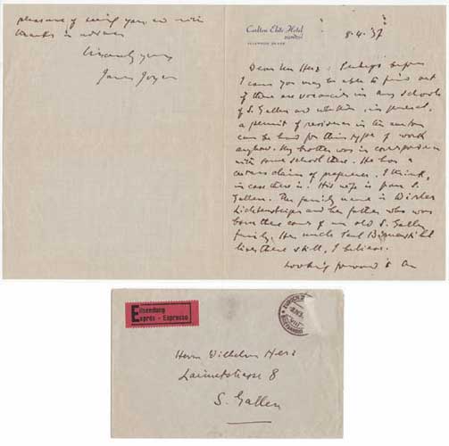 1937 LETTER SEEKING EMPLOYMENT FOR HIS BROTHER by James Joyce sold for 5,000 at Whyte's Auctions