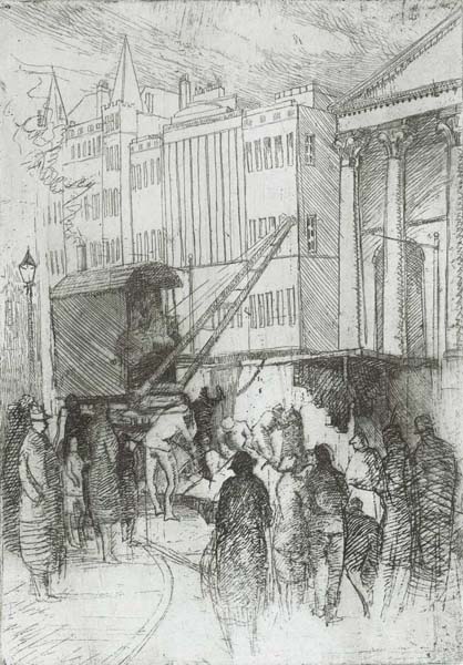 FOUR ETCHINGS INCLUDING A STUDY OF A CROWD IN DONEGAL SQUARE, BELFAST, AND A VIEW OF ROOFTOPS FROM THE BELFAST COLLEGE OF ART by James Watson sold for 150 at Whyte's Auctions