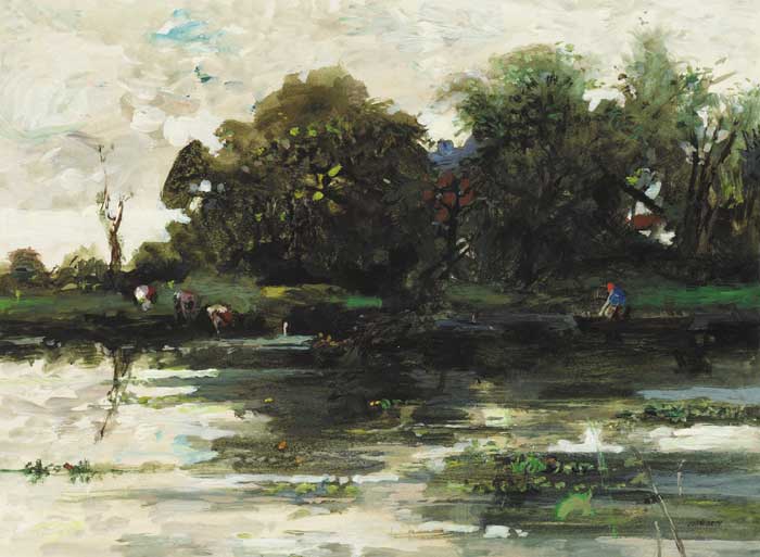 CATTLE AND BOATMAN ON RIVER by Jack Cudworth (1930-2010) at Whyte's Auctions