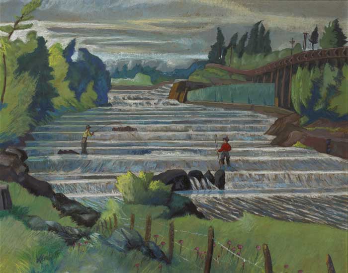 MEN FISHING, WEST RIVER FALLS, NOVA SCOTIA, CANADA, 1957 by Harry Kernoff RHA (1900-1974) at Whyte's Auctions