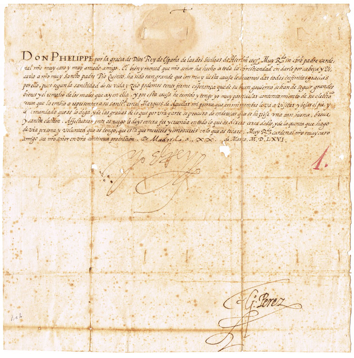 1566 (20 March) Important State letter issued by King Philip II of Spain to Cardinal Innocenzo del Monte. at Whyte's Auctions