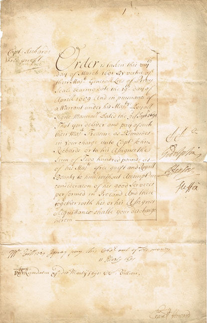 1691 (8 March) Williamite Wars bounty document to officer for 'good service in Ireland' at Whyte's Auctions
