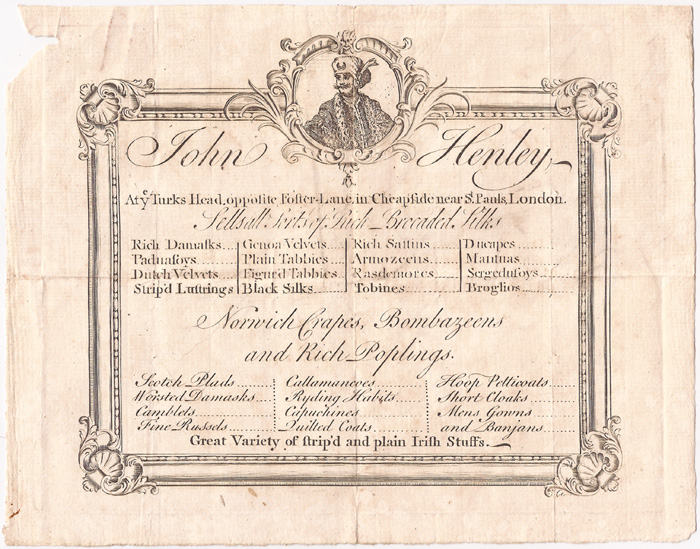 circa 1750: John Henley textile merchant advertisement handbill at Whyte's Auctions
