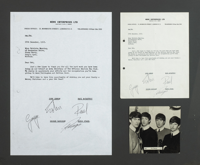 The Beatles: 1963 letter with four signatures created by Mike Aspinal at Whyte's Auctions