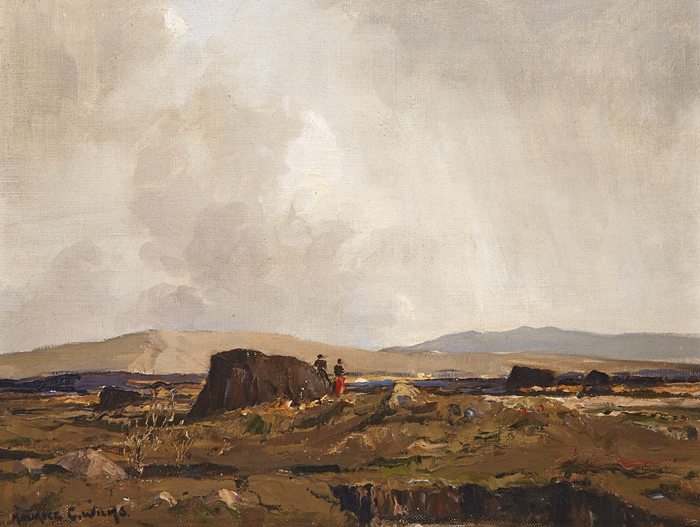 LANDSCAPE WITH TWO FIGURES AND TURF STACKS by Maurice Canning Wilks RUA ARHA (1910-1984) at Whyte's Auctions