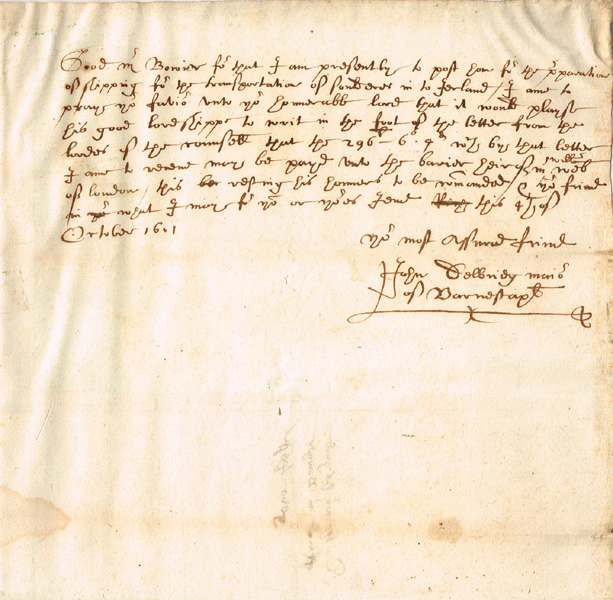 1601 (4 October) Mayor of Barnstaple letter regarding the preparation of shipping for the transportation of soldiers in to Ireland"" at Whyte's Auctions