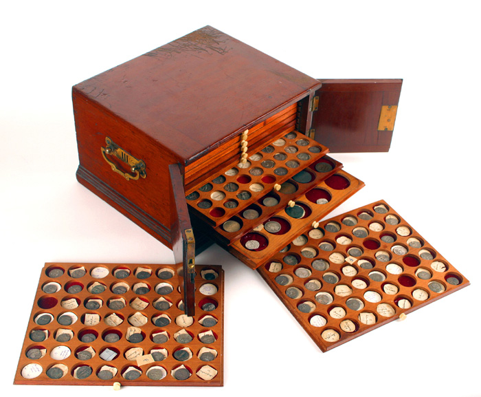Roman And Other Coins In 19th Century Mahogany Coin Cabinet At
