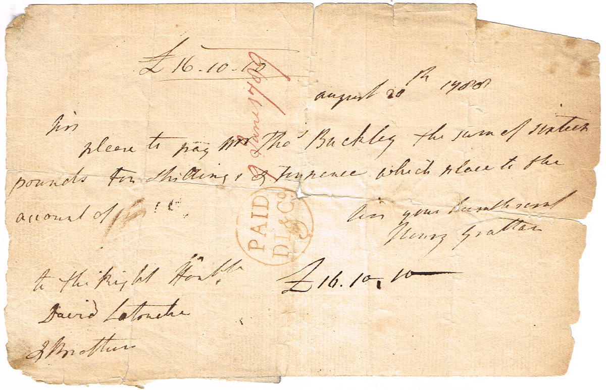 1788 (20 August). Cheque signed by Henry Grattan. at Whyte's Auctions