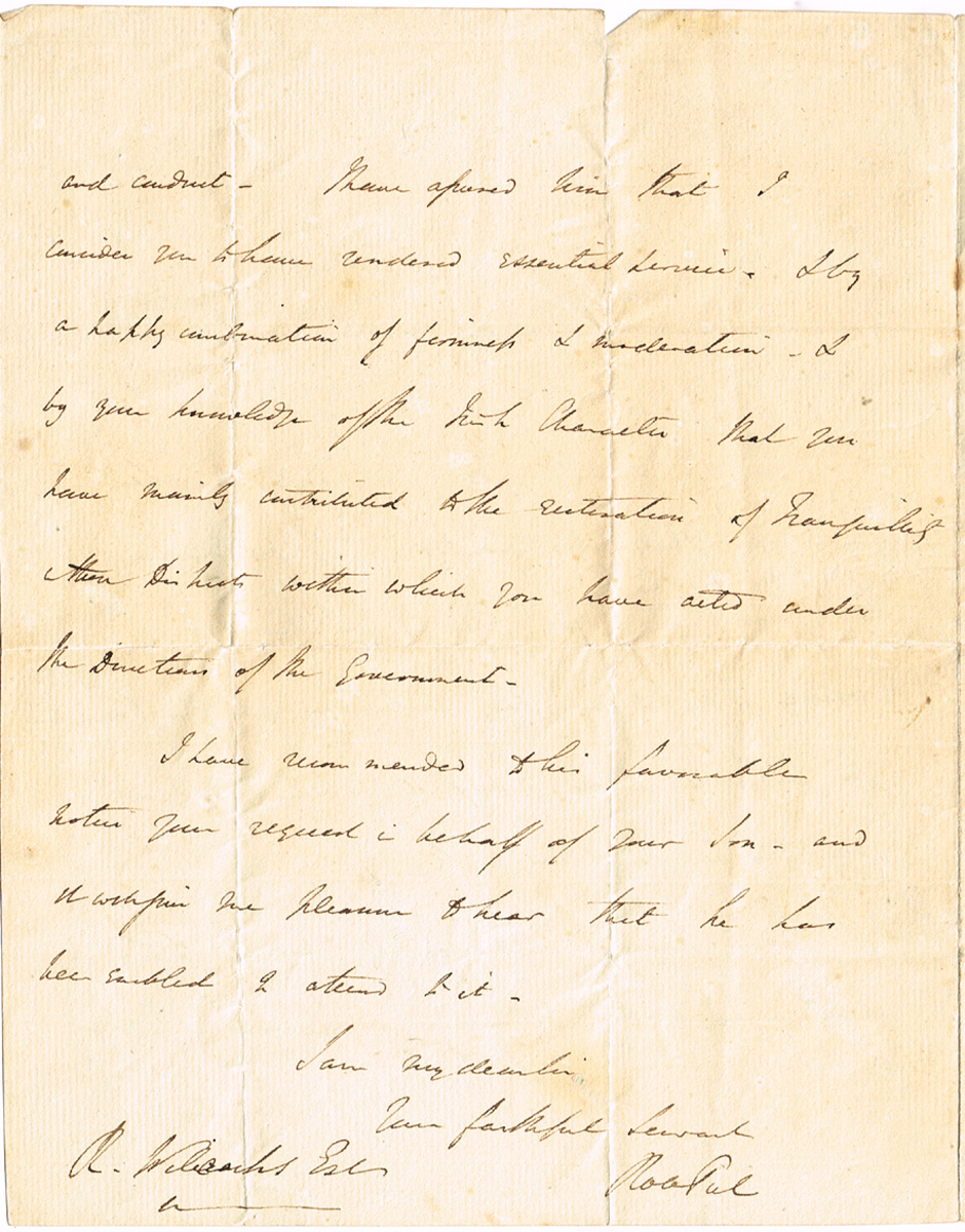 1828 (29 June) Letter from Robert Peel, Chief Secretary, at Dublin Castle, to Richard Willcocks at Whyte's Auctions