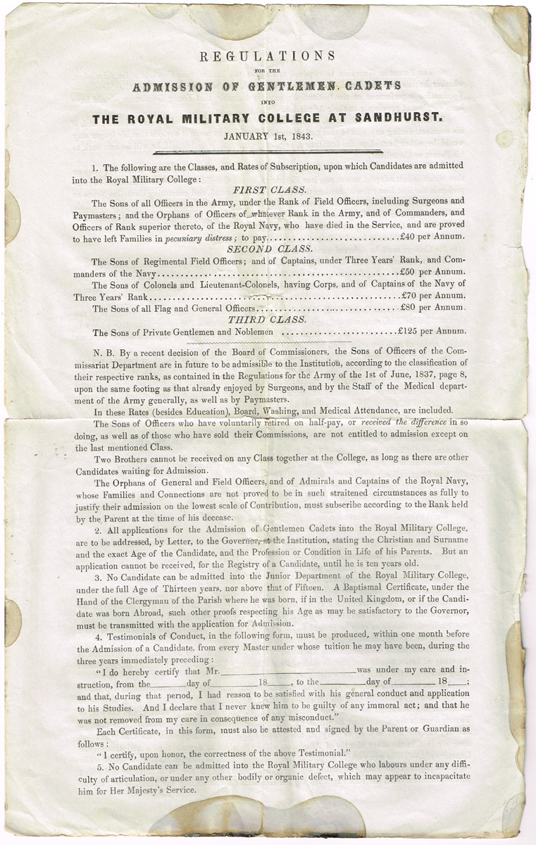 1843 (January 1) Sandhurst College, Regulations for the Admission of Gentlemen Cadets at Whyte's Auctions