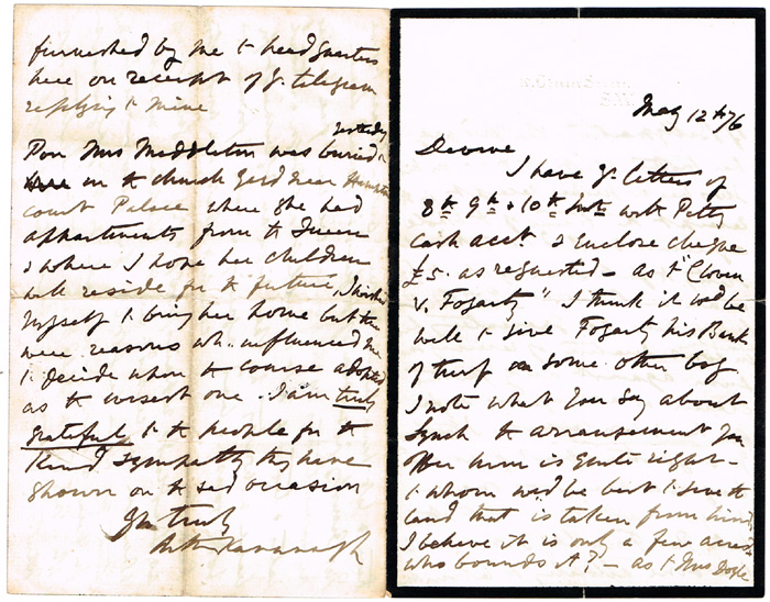1876 (July 12) Letter from Arthur McMurrough Kavanagh, M.P. at Whyte's Auctions