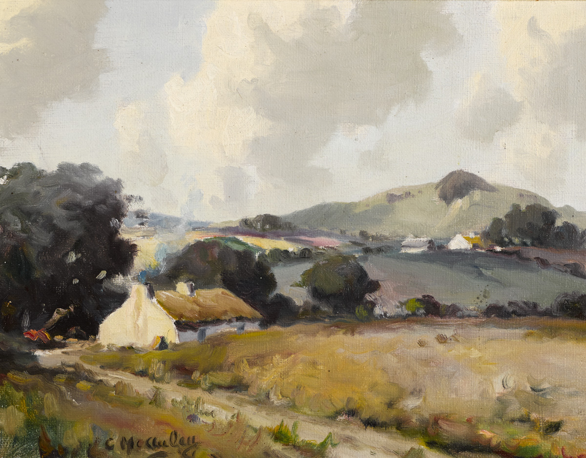 LANDSCAPE WITH THATCHED COTTAGE by Charles J. McAuley RUA ARSA (1910-1999) at Whyte's Auctions