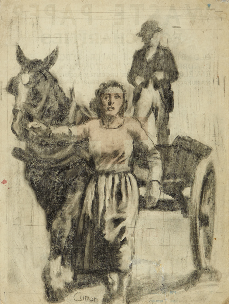 WOMAN WITH HORSE AND CART by William Conor OBE RHA RUA ROI (1881-1968) at Whyte's Auctions