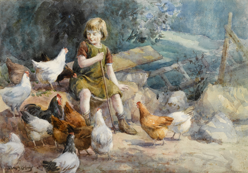 MINDING GRANNY'S  HENS by Frank McKelvey RHA RUA (1895-1974) at Whyte's Auctions
