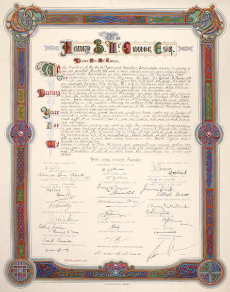 1950, December 15, Illuminated address to Henry B McCance from the Irish Dyers and Finishers Association. at Whyte's Auctions