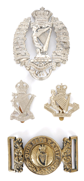 1881-1921 Royal Irish Rifles, other ranks waist belt clasp, a helmet plate and two cap badges at Whyte's Auctions