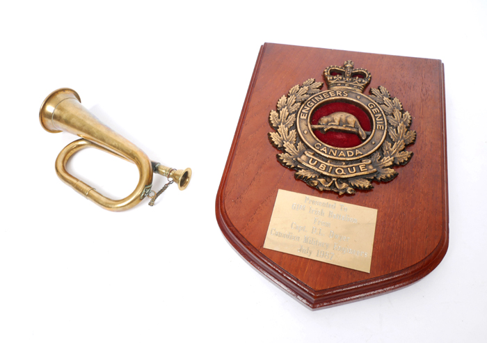 Canadian Military Engineers presentation plaque together with a miniature brass bugle. at Whyte's Auctions