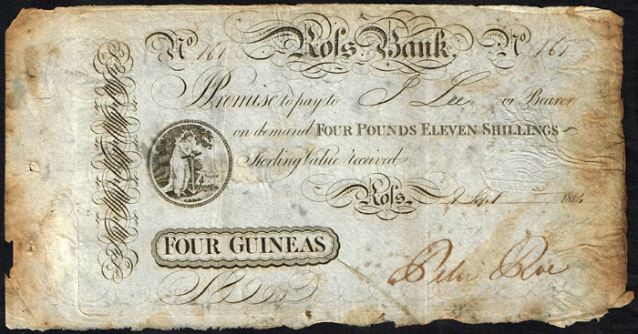 Ross Bank Wexford Four Guineas Bank Note, 1 September 1814 at Whyte's Auctions