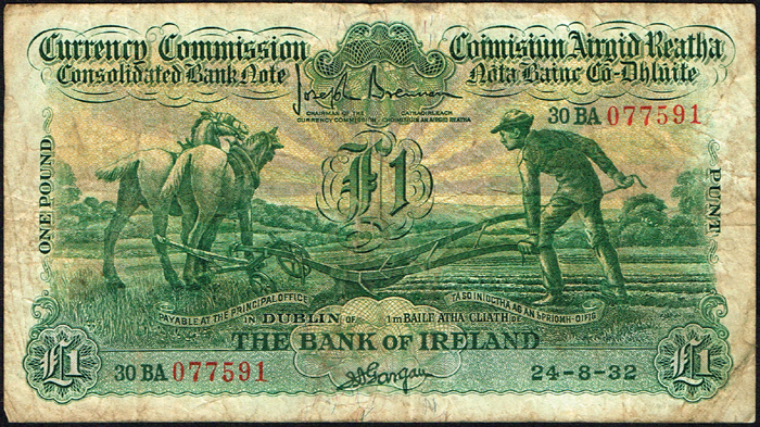 Currency Commission Consolidated Banknote 'Ploughman' Bank of Ireland One Pound 24-8-32 at Whyte's Auctions