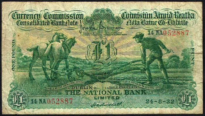 Currency Commission Consolidated Banknote 'Ploughman' National Bank One Pound 24-8-32 at Whyte's Auctions