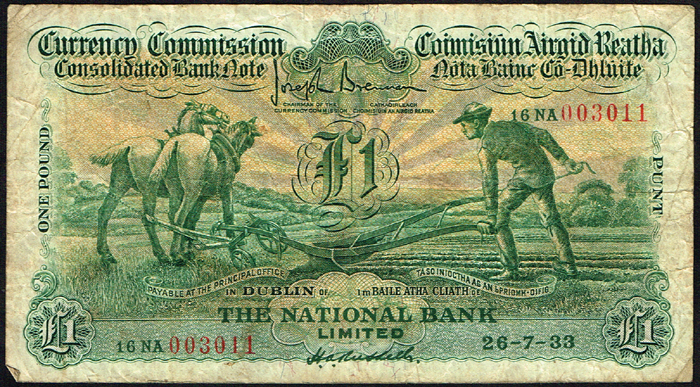 Currency Commission Consolidated Banknote 'Ploughman' National Bank One Pound 26-7-33 at Whyte's Auctions