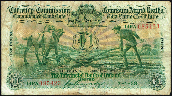 Currency Commission Consolidated Banknote 'Ploughman' Provincial Bank of Ireland One Pound 7-1-38 at Whyte's Auctions