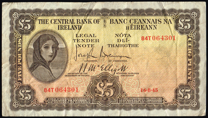 Central Bank 'Lady Lavery' Five Pounds 1945- 49 at Whyte's Auctions