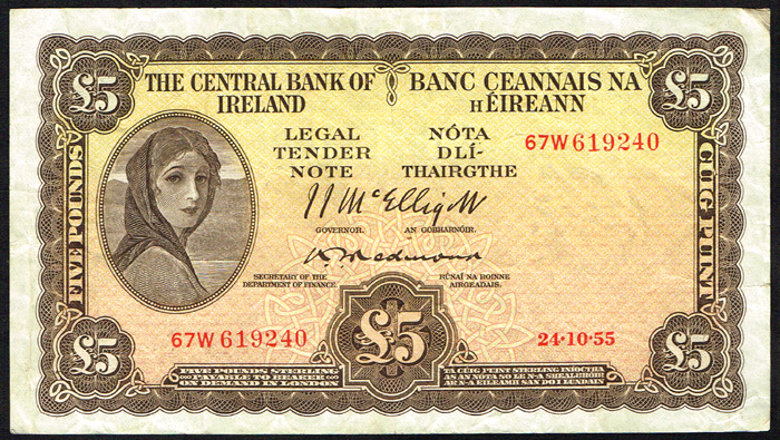 Central Bank 'Lady Lavery' Five Pounds, 1954-1955, Redmond signature. at Whyte's Auctions