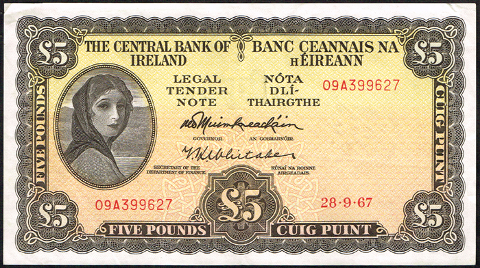 Central Bank 'Lady Lavery' Five Pounds, 1967-1968. at Whyte's Auctions