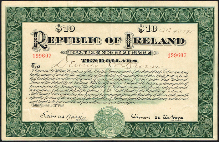 1920 Republic of Ireland Bond Certificate for Ten Dollars. at Whyte's Auctions