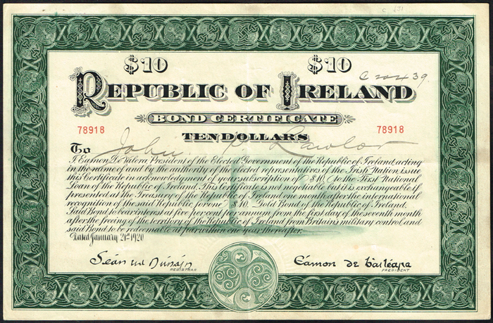 1920 Republic of Ireland Ten-Dollars Bond Certificate at Whyte's Auctions