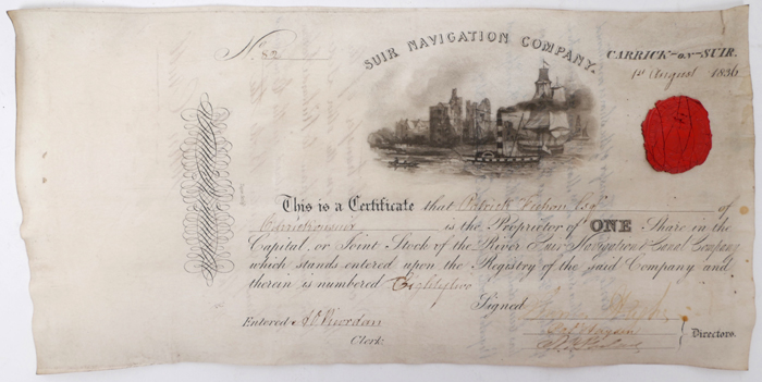 1836, August 1, Suir Navigation Company, share certificate. at Whyte's Auctions