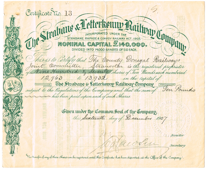 1907 The Strabane and Letterkenny Railway Company, share certificate. at Whyte's Auctions