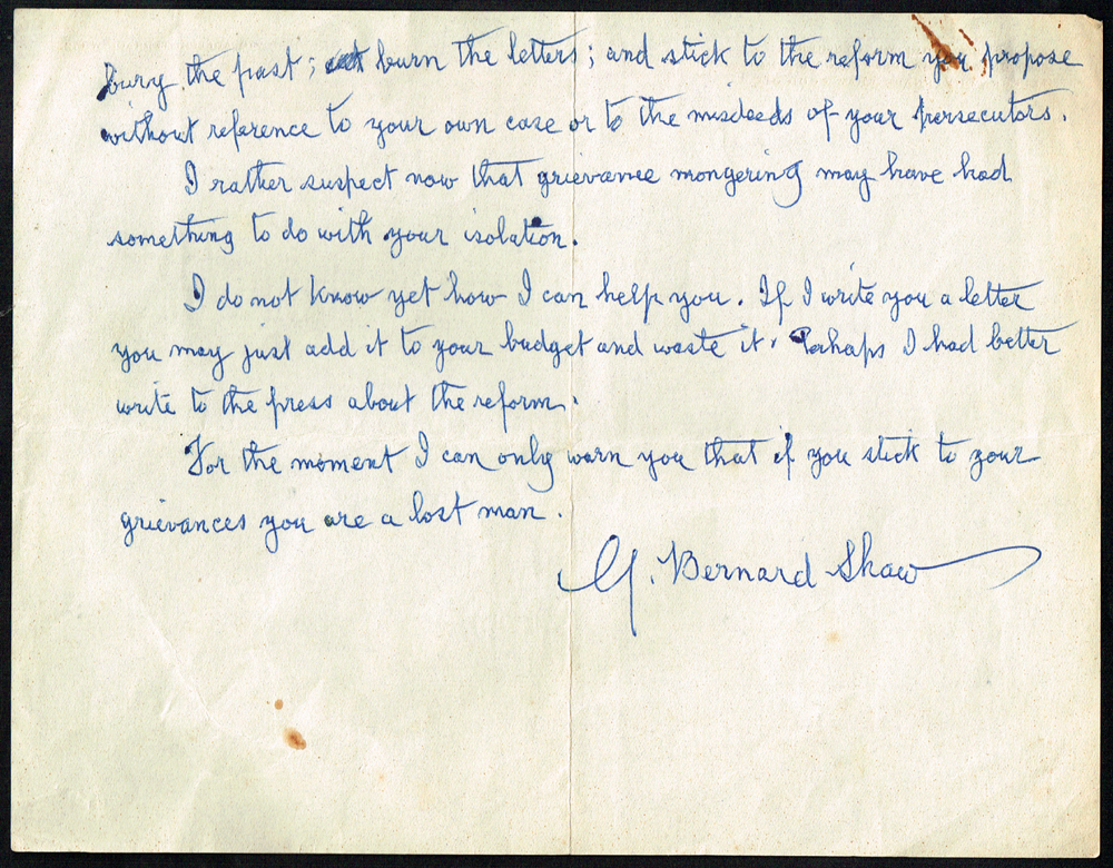 1949 (9 September) handwritten letter from George Bernard Shaw: " A man with a grievance is an intolerable nuisance" at Whyte's Auctions
