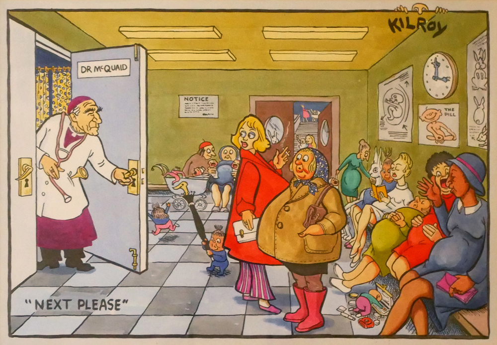 1971 Michel  Nuallin cartoon of Archbishop McQuaid running a family planning clinic. at Whyte's Auctions