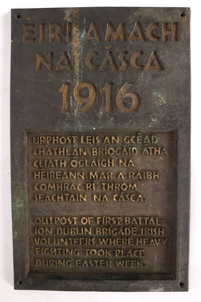 1916 Rising, a bronze commemorative plaque for an outpost of the First Battalion, Dublin Brigade. at Whyte's Auctions