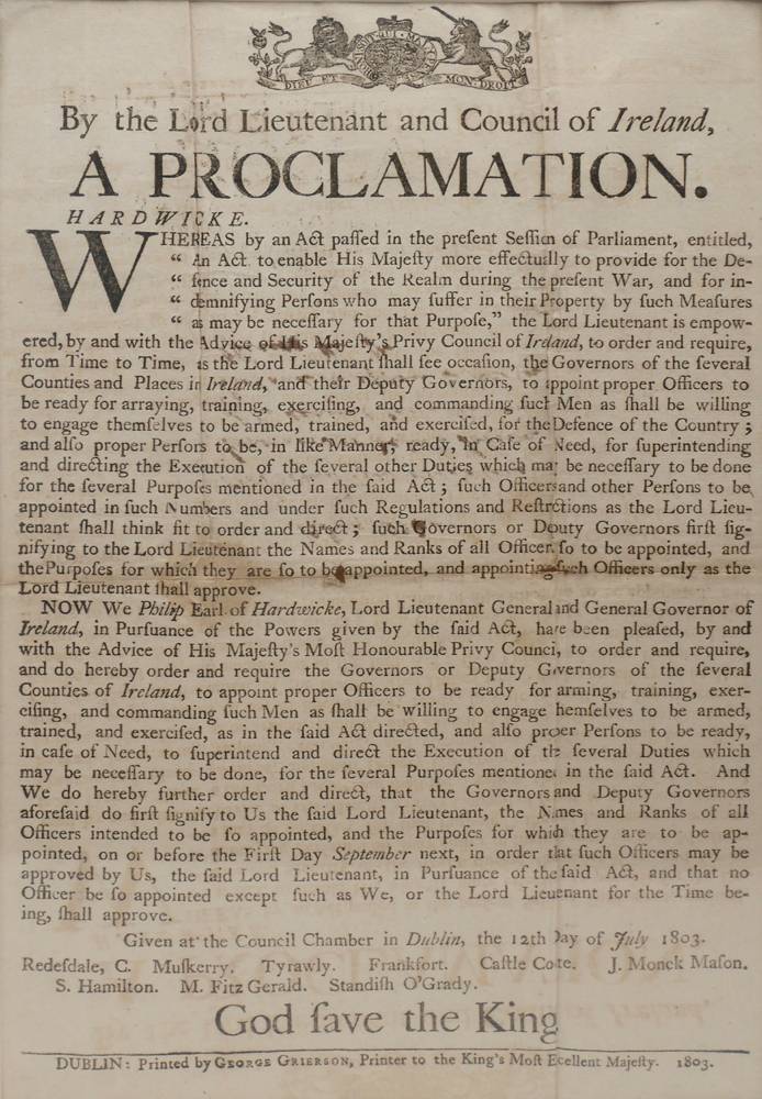 1803 Proclamation by the Lord Lieutenant and Council of Ireland. at Whyte's Auctions