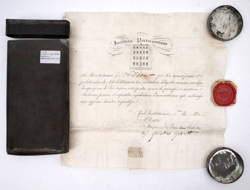 1835 Certificate permitting a male midwife to practise in Ireland. at Whyte's Auctions