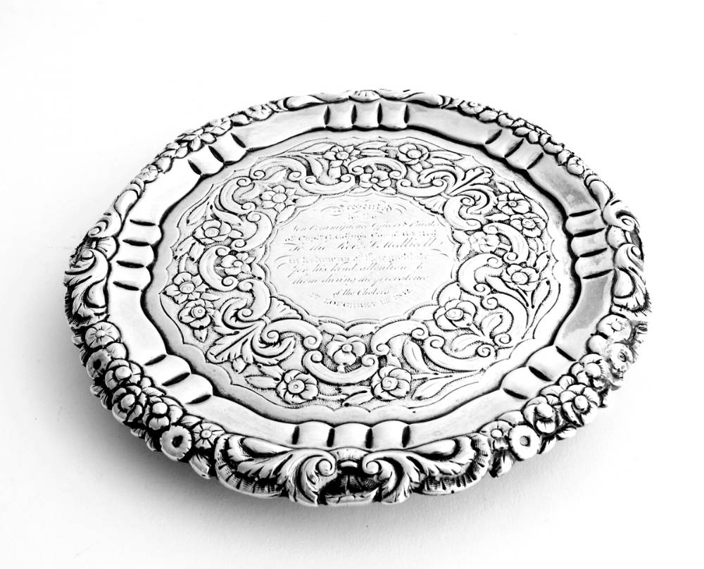 1832 Cholera in Co Galway, Irish silver salver presented by troops of 64th (2nd Staffordshire) Regiment, in thanks to  clergyman. at Whyte's Auctions