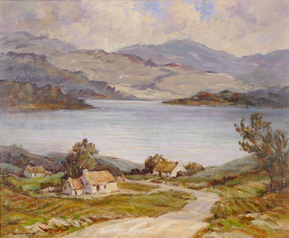 LANDSCAPE WITH COTTAGES BY WATER by Padraic Woods sold for 580 at Whyte's Auctions