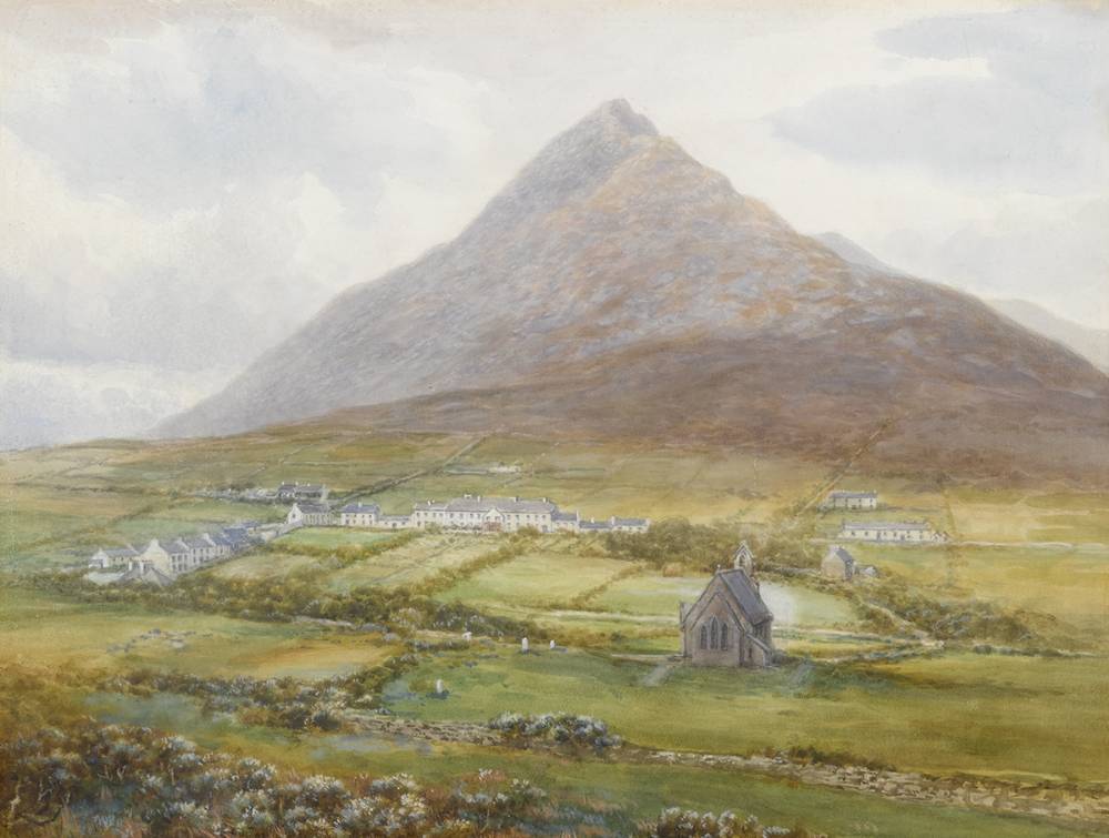 THE VILLAGE OF DUGORT, ACHILL ISLAND, WITH ST. THOMAS' CHURCH IN THE FOREGROUND AND SLIEVEMORE RISING BEHIND by Alexander Williams sold for 2,500 at Whyte's Auctions