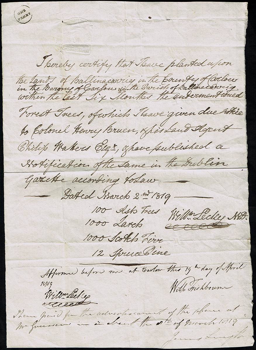 1820s A collection of 30 early manuscript notices of the planting of trees in Carlow. at Whyte's Auctions